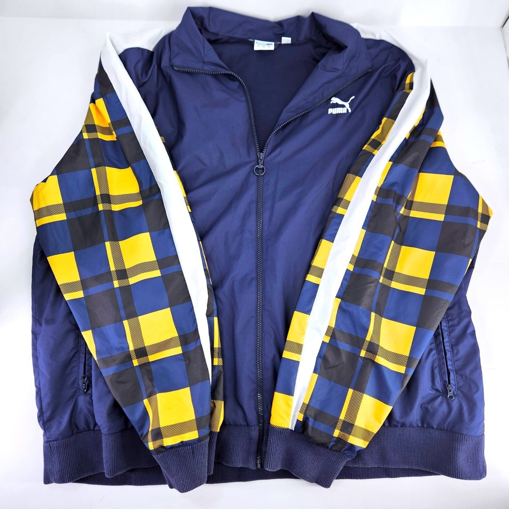 Puma Mens T7 Track 68 Plaid Sleeve Full Zip Jacket Navy Blue Yellow 3XL Stripes